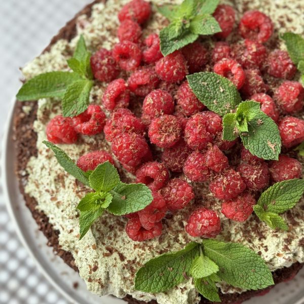 top down view of chocolate raspberry cake