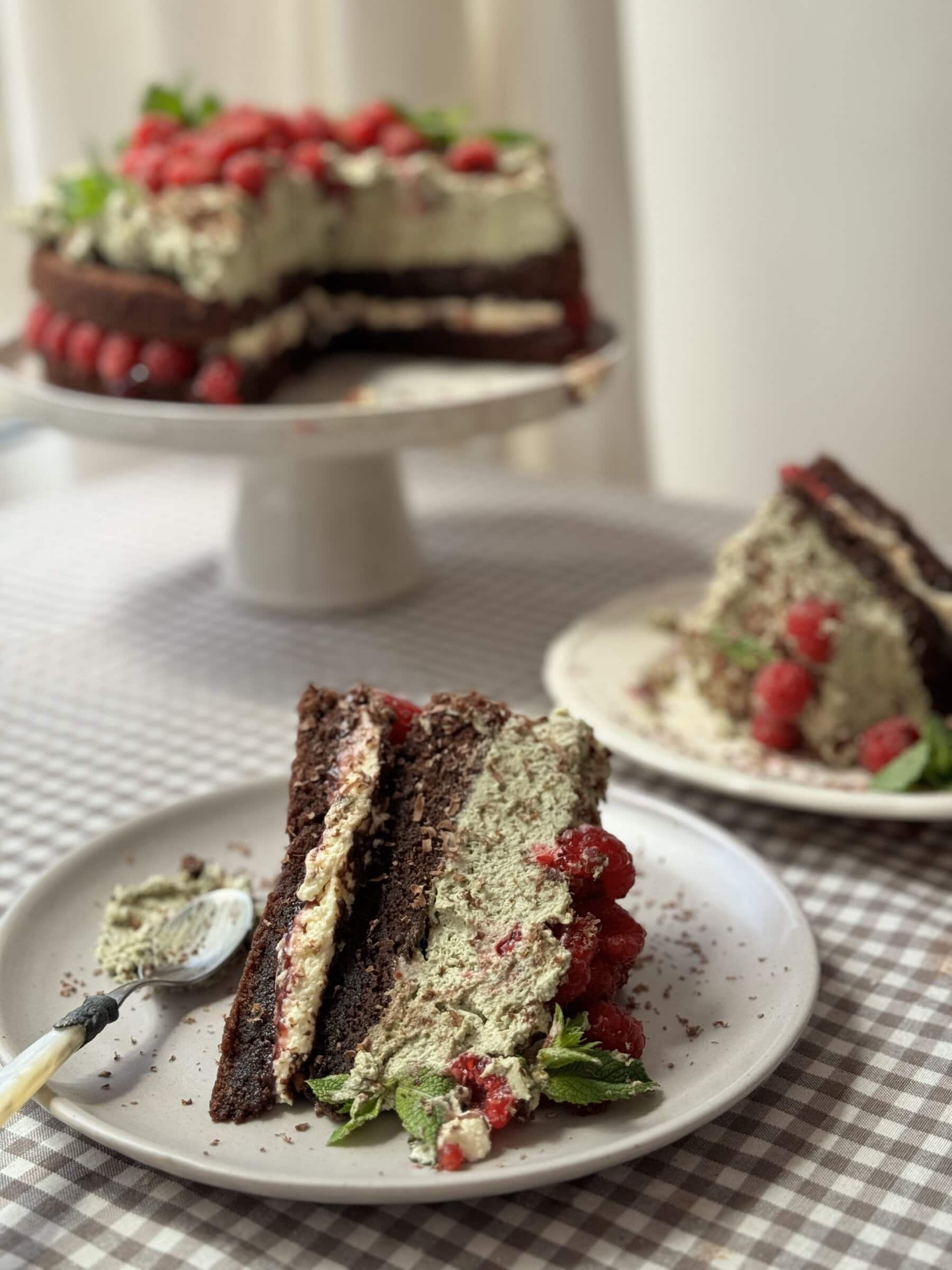 slice of chocolate raspberry cake on plate