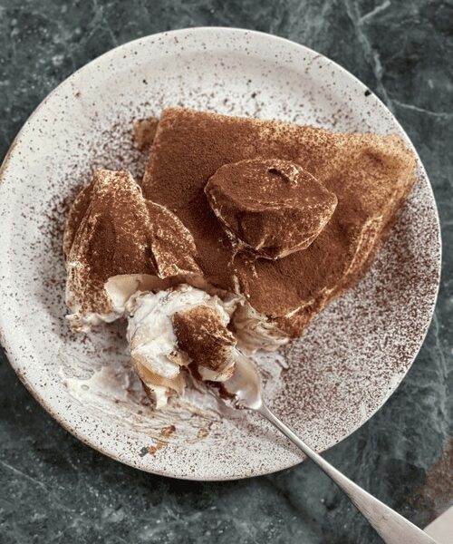 tiramisu pancakes on a plate.