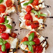 caprese bruschetta with balsamic glaze.
