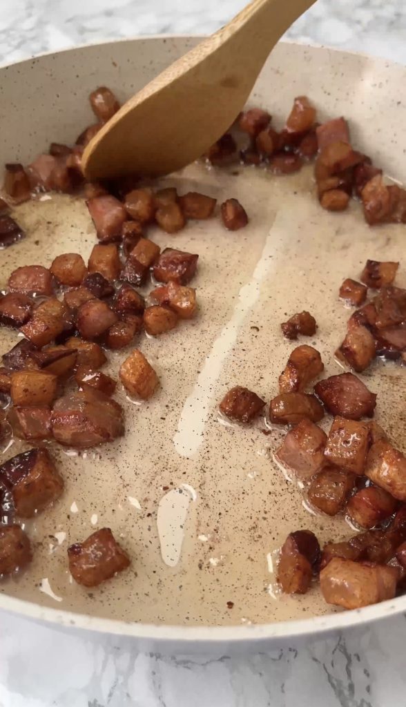 frying guanciale, crispy in the pan fat