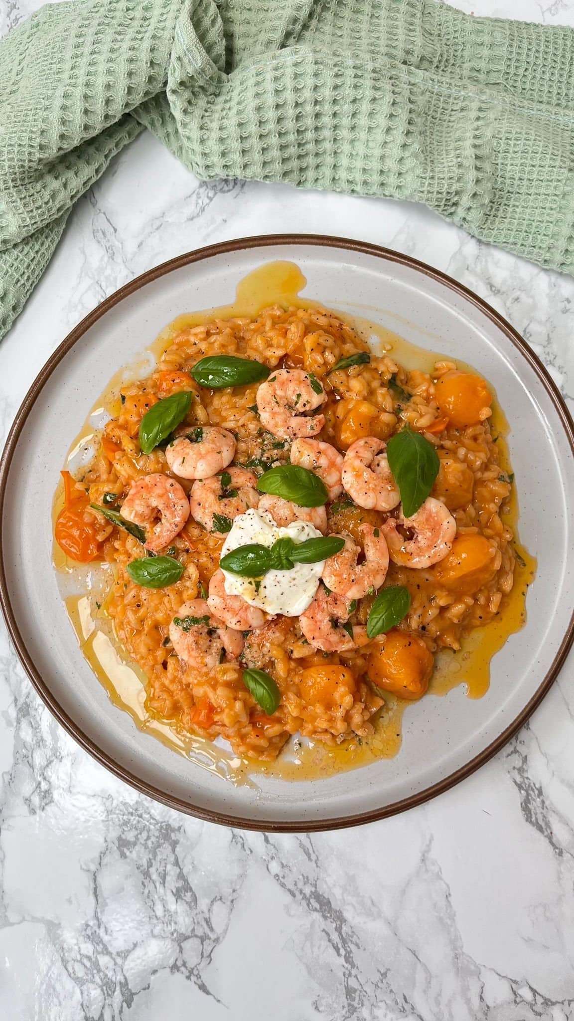 Tomato Risotto With Garlic Butter Prawns