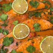 thai salmon curry in a pan