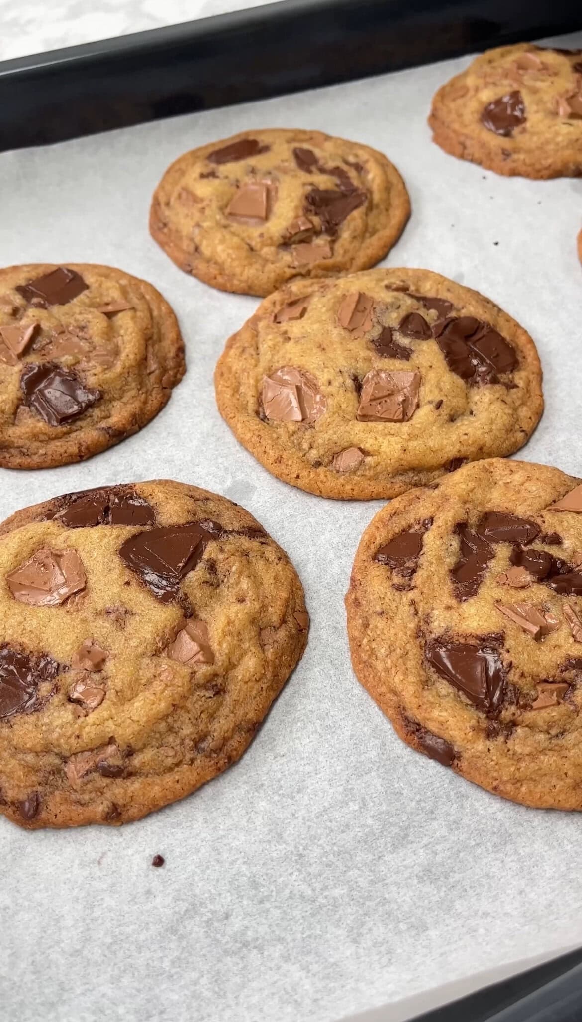 baked triple chocolate chunk cookies.