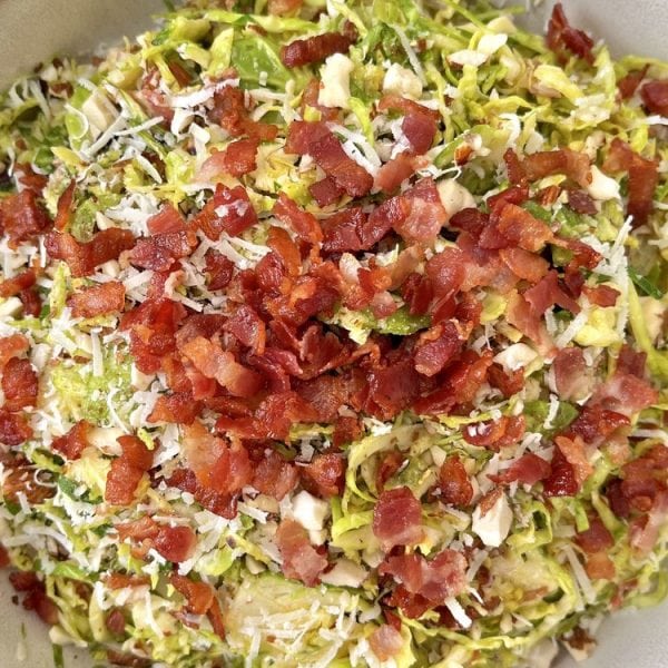 Delicious dressed sprouts with crispy bacon