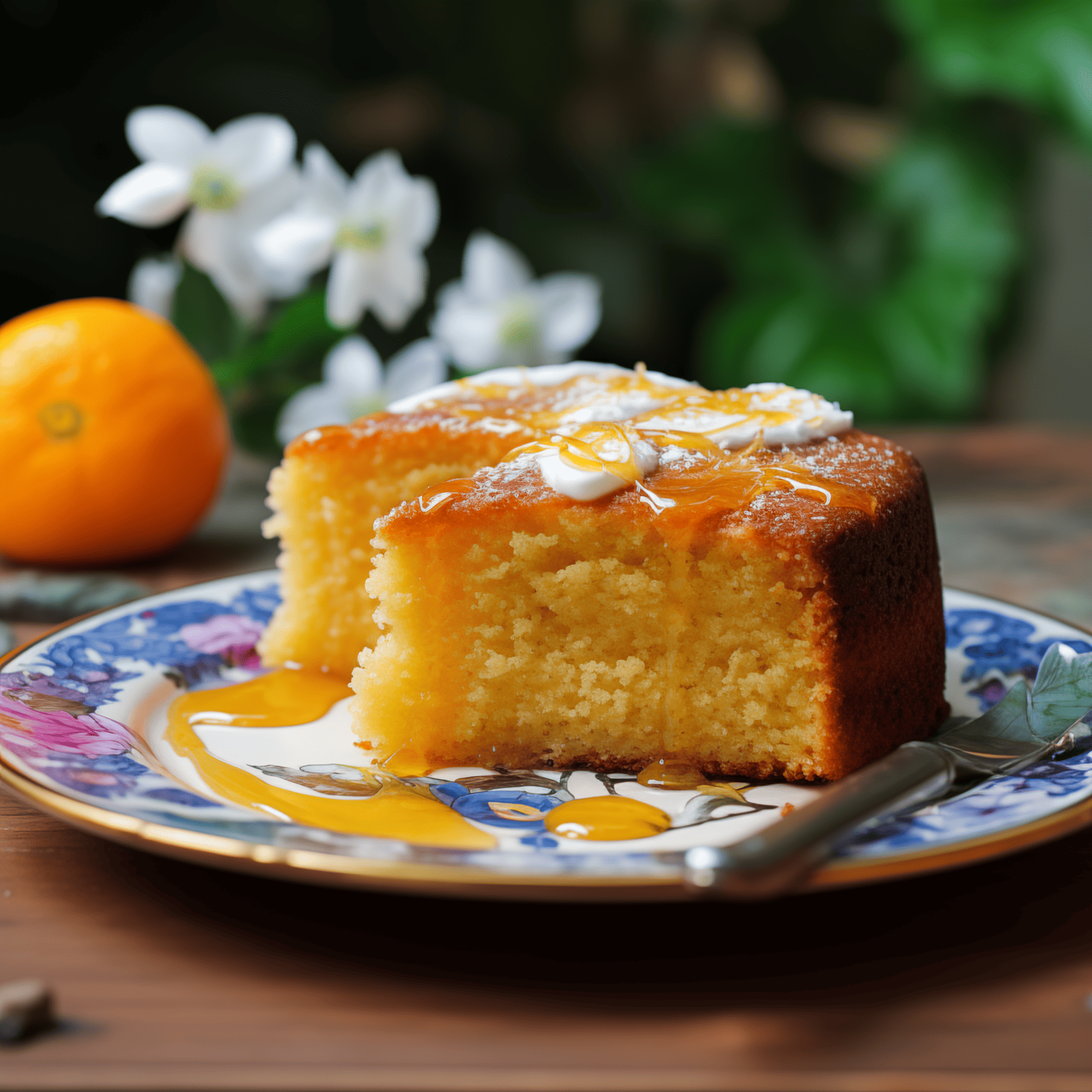 Slice of Tunisian Orange Cake with thick syrup drizzled