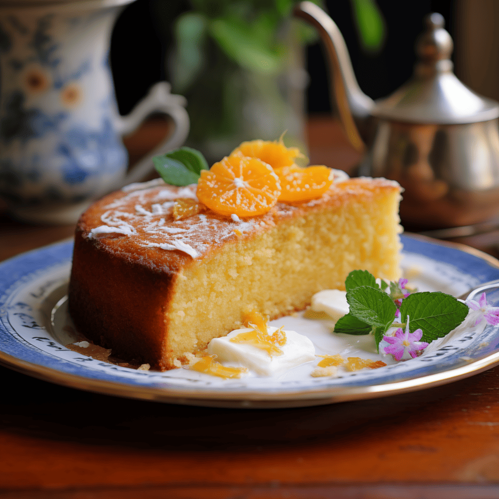 Half of a cake on a plate with fresh orange on top