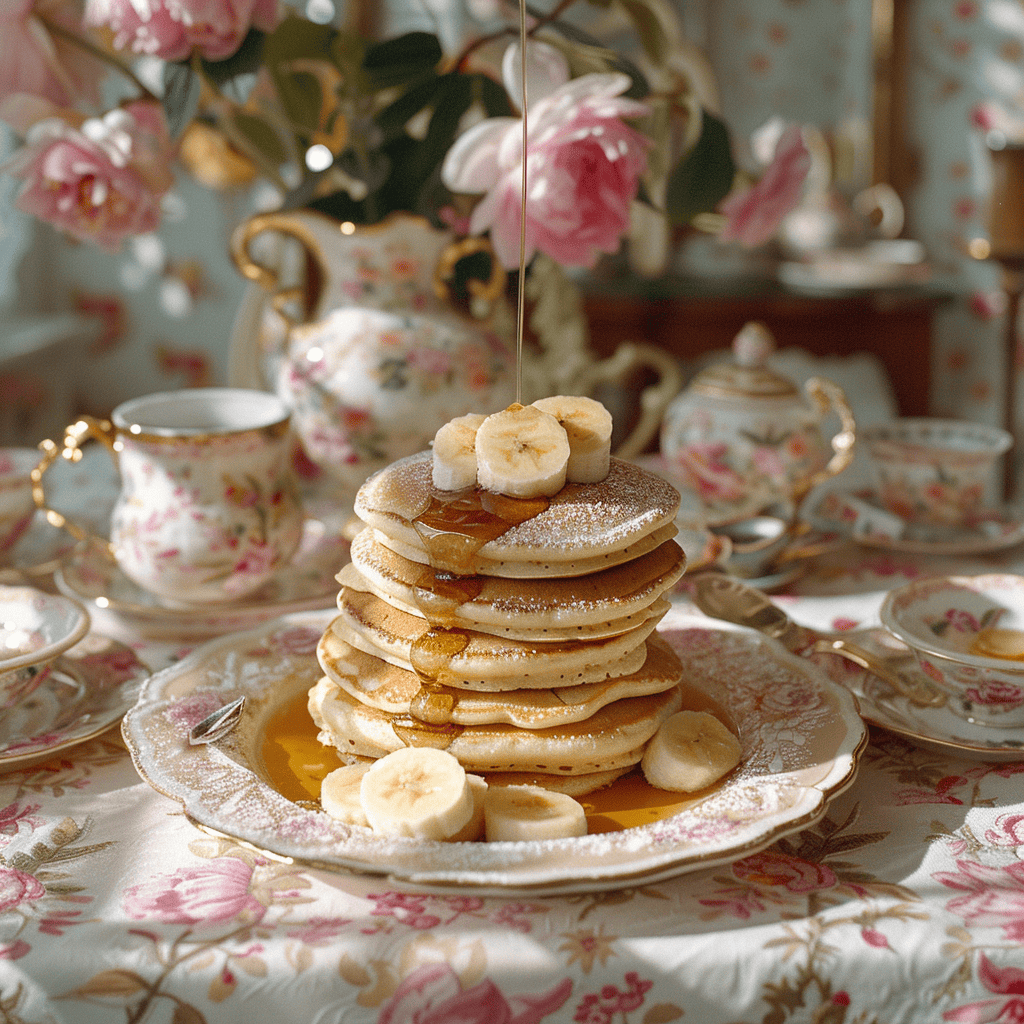 Fluffy banana pancakes stacked on a plate with syrup drizzled on top