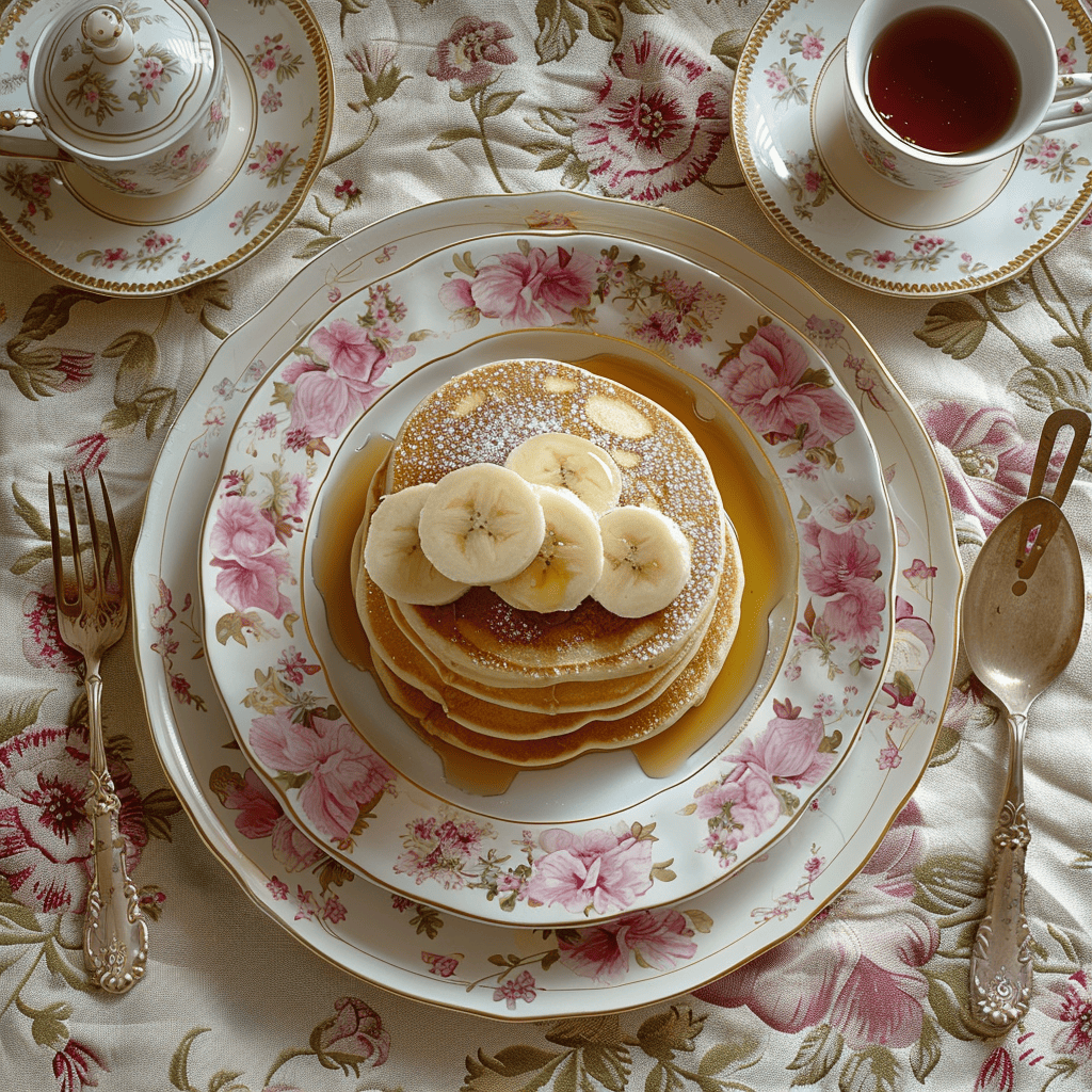 Fluffy banana pancakes stacked on a plate with banana slices on top