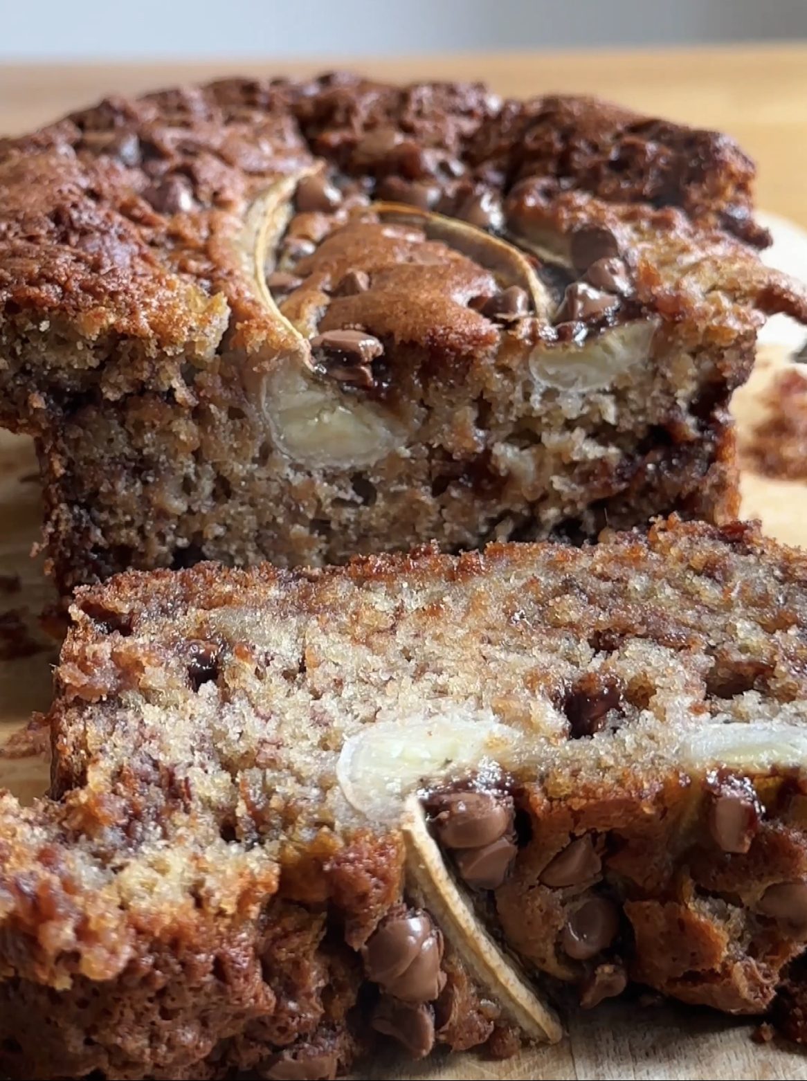 Moist chocolate chip banana bread slices