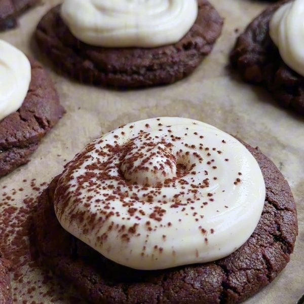 tiramisu cookies on a baking tray with cocoa powder dusting