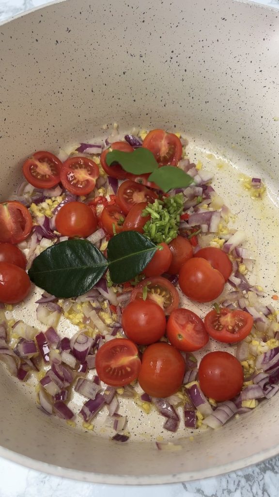 Frying aromatics for Thai Chicken Soup With Rice