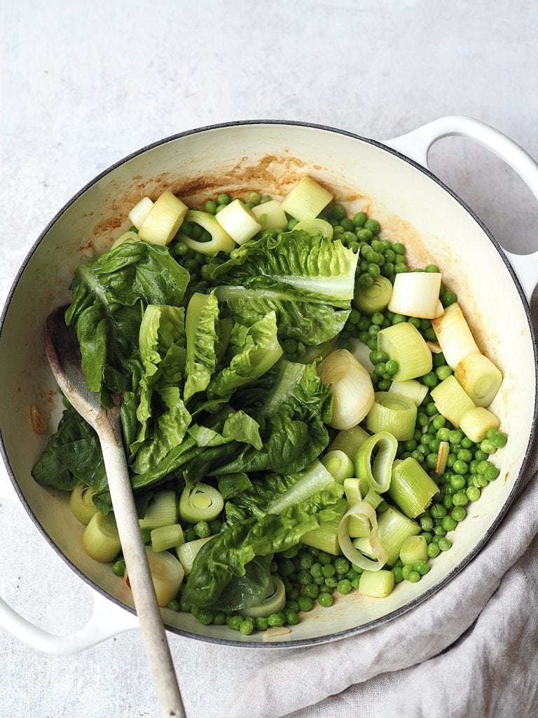 ingredients to make little gem, pea, mint soup in a pan