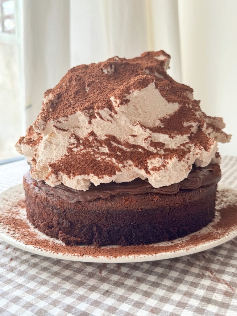 a chocolate mud cake with malted whipped cream