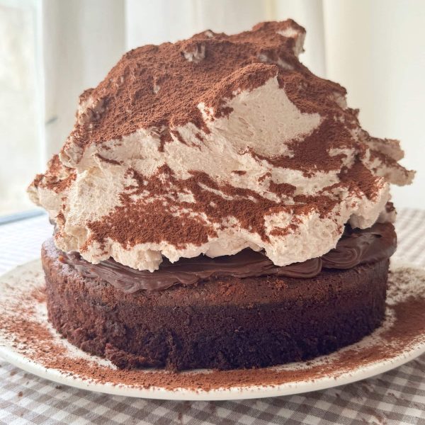 a chocolate mud cake with malted whipped cream