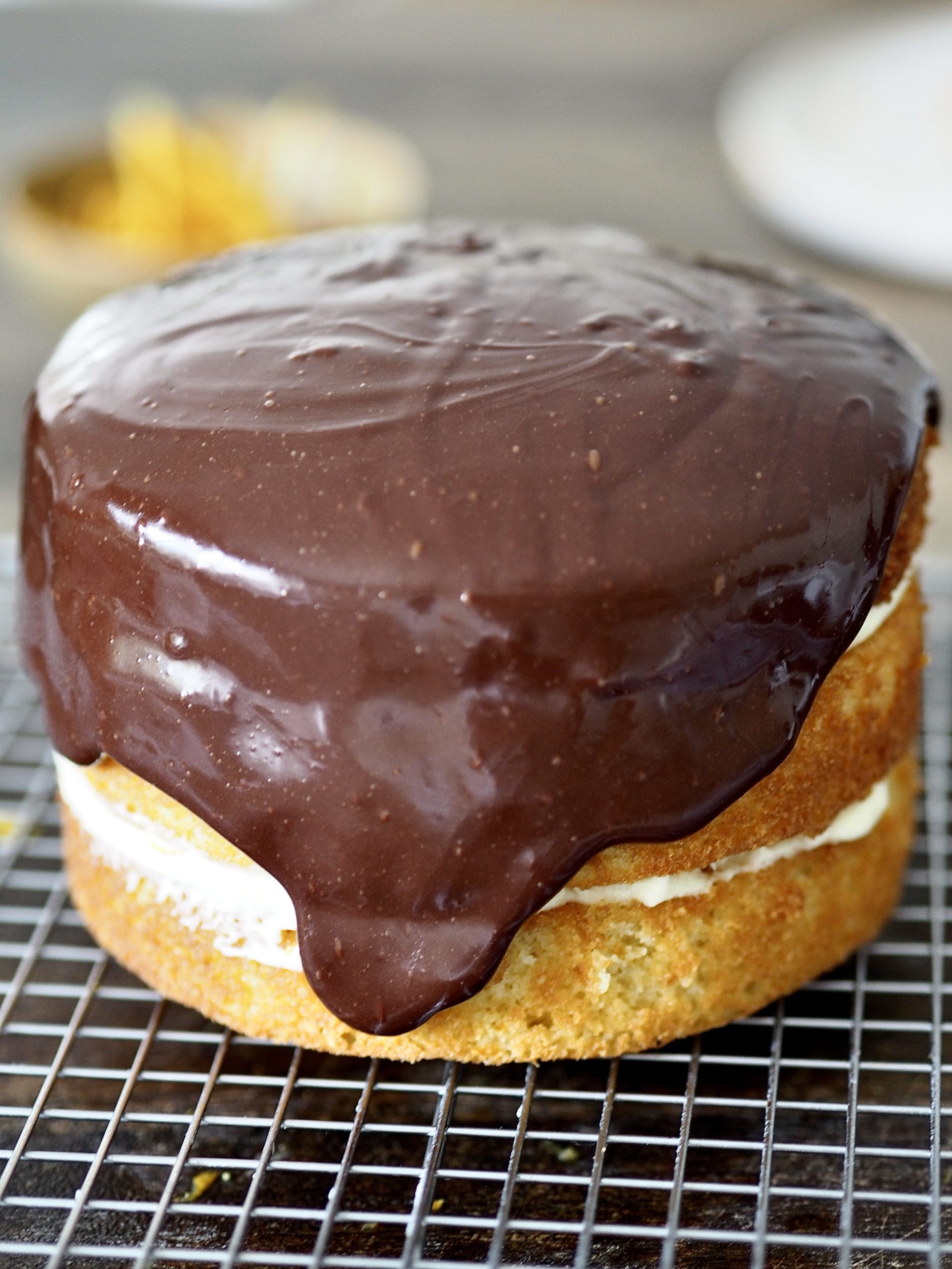 jaffa cake cake covered with chocolate ganache