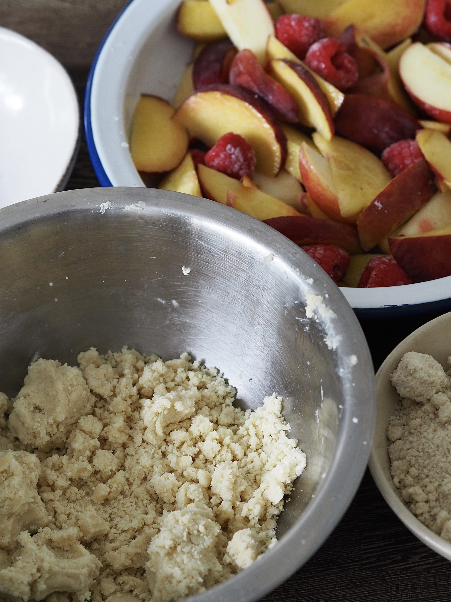 Peach Cobbler with Cake Mix in mixing bowl