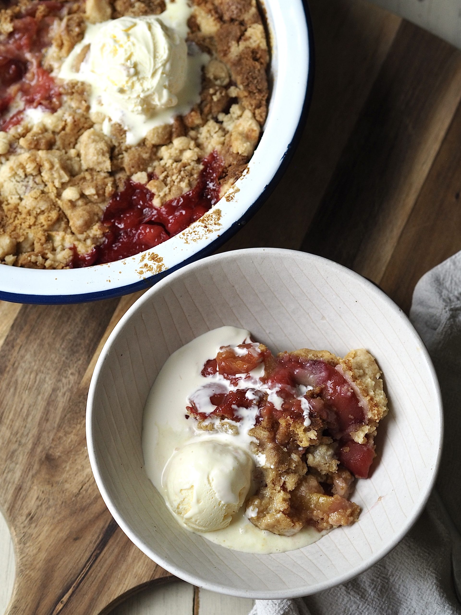 Peach Cobbler with Cake Mix in a white bowl