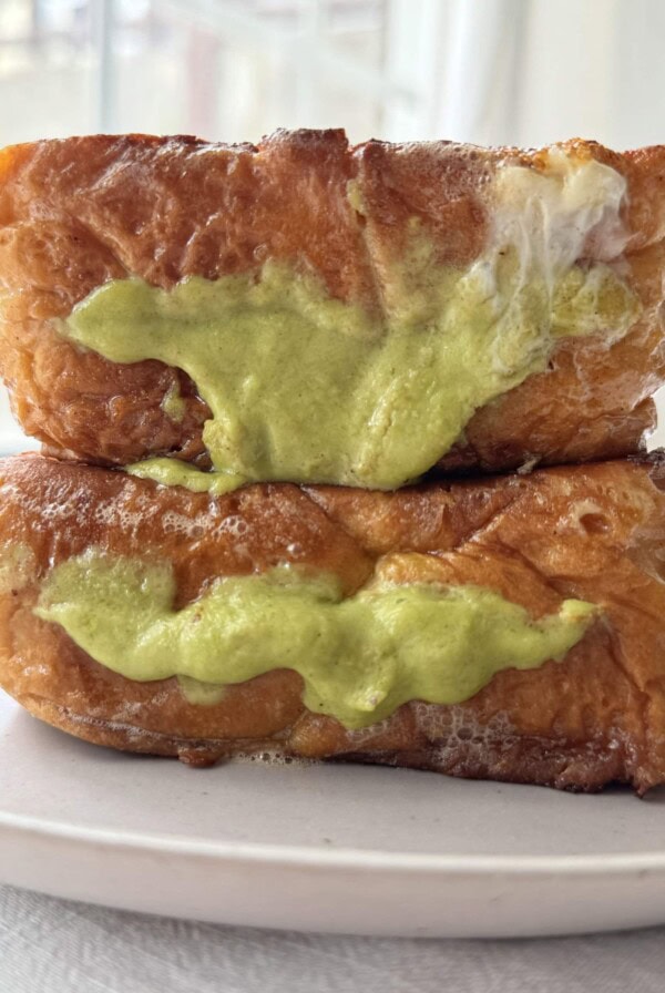 pistachio cream in pistachio filled brioche french toast