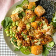 Crunchy Salmon Roll (in a bowl) with edamame and chilli oil.