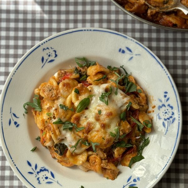 sausage and pasta bake in a bowl