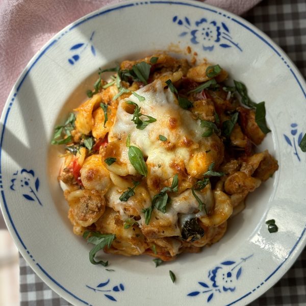 sausage and pasta bake in a bowl