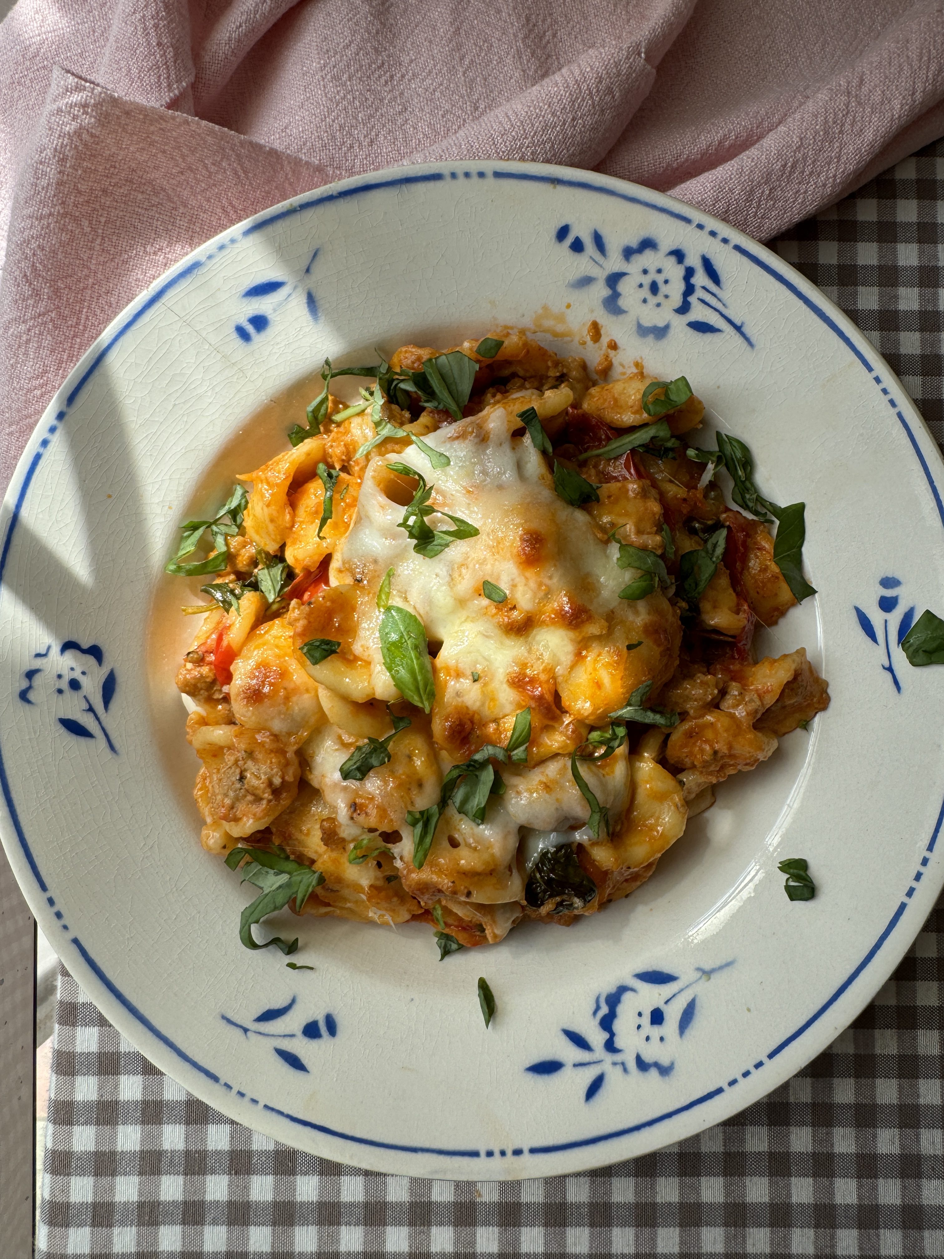 sausage and pasta bake in a bowl