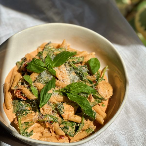 marry me chicken pasta in a white bowl