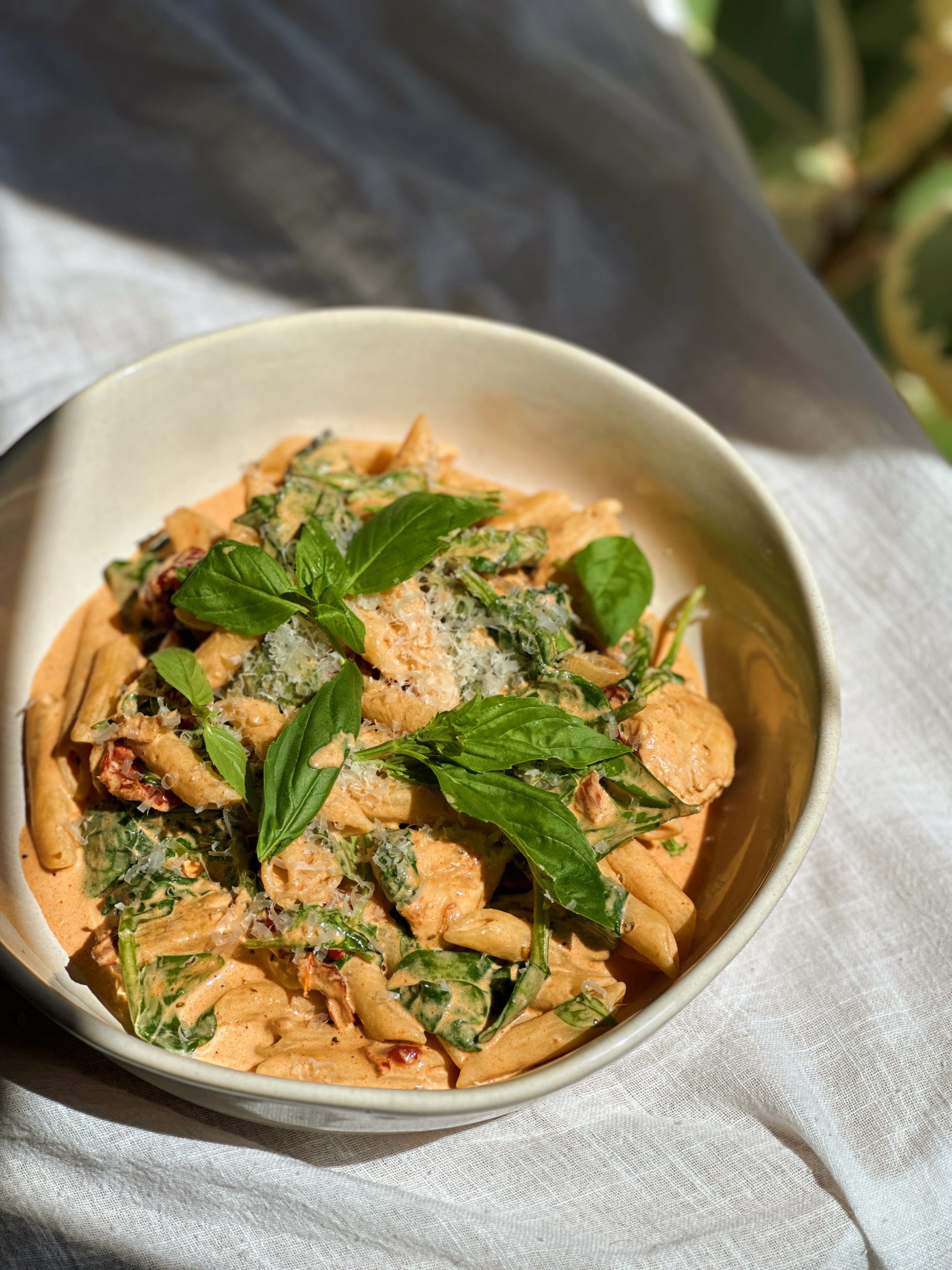 marry me chicken pasta in a white bowl