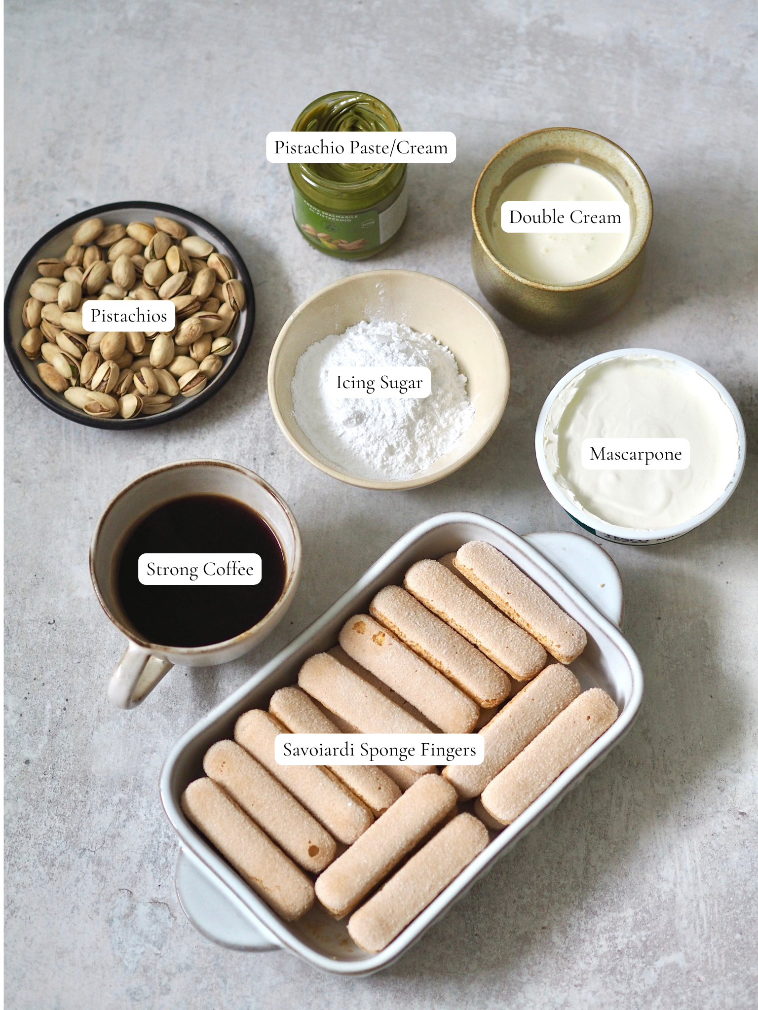 labelled ingredients for pistachio tiramisu