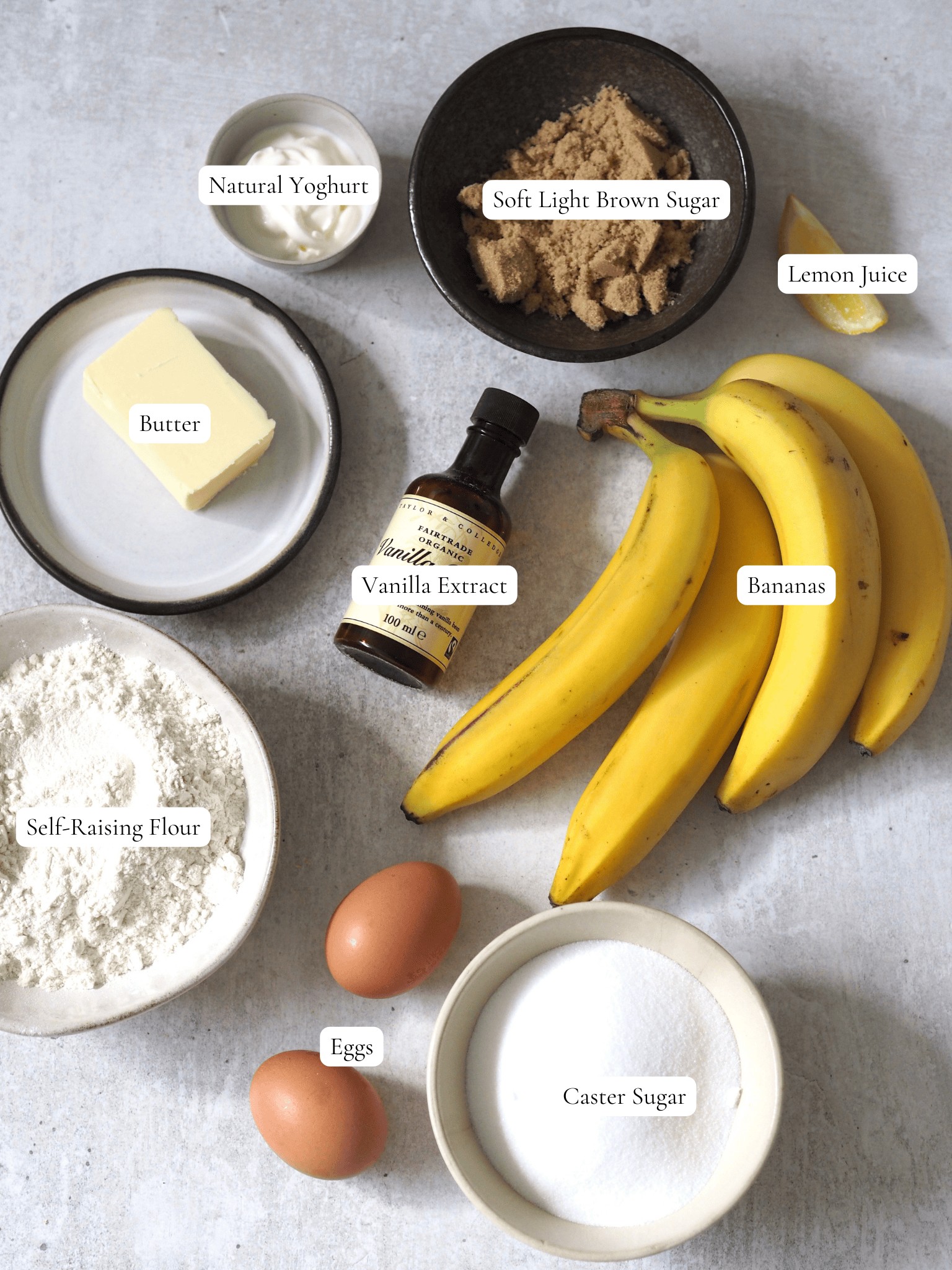 labelled ingredients upside down banana cake