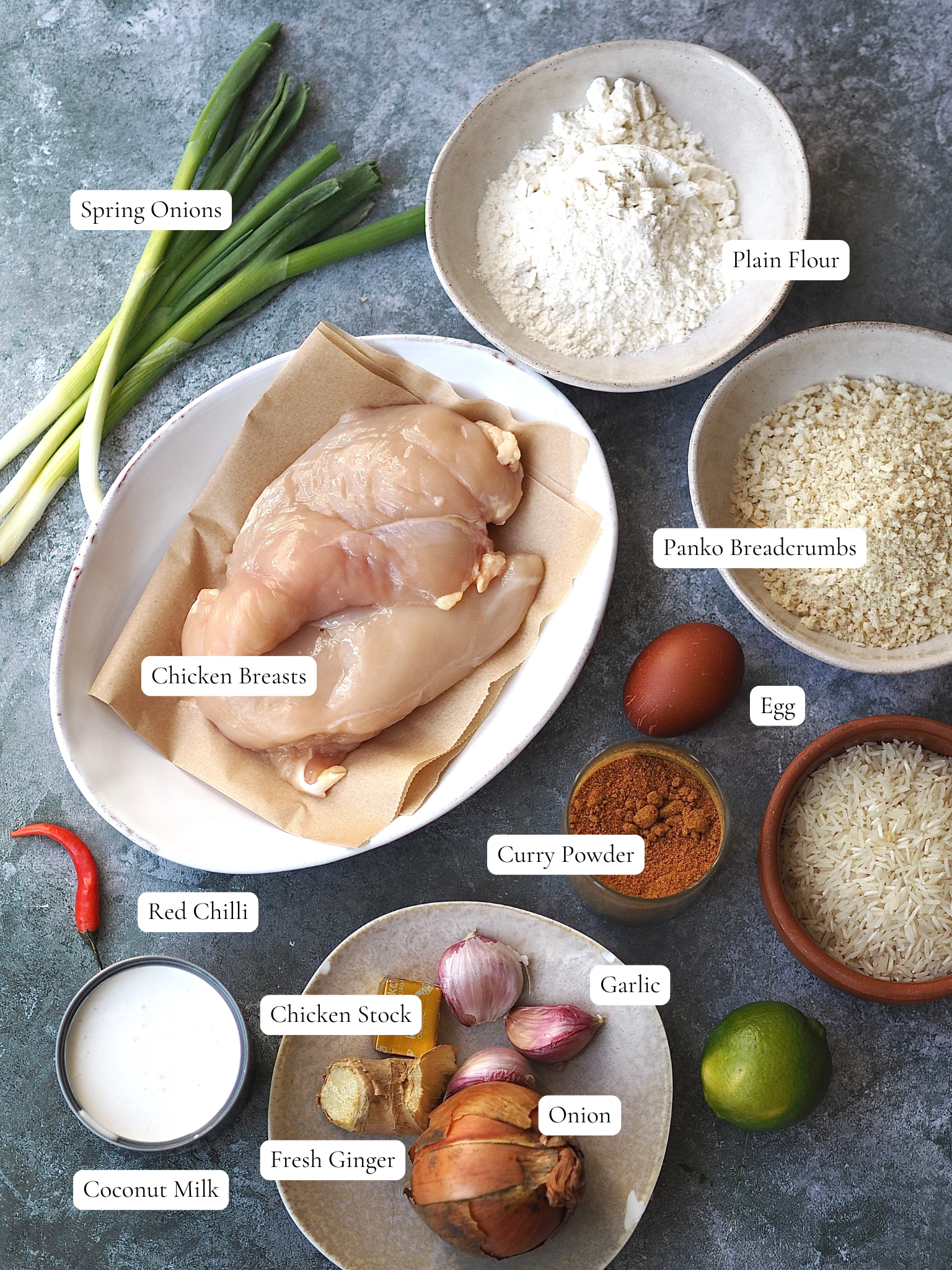 Labelled ingredients for Chicken Katsu Curry