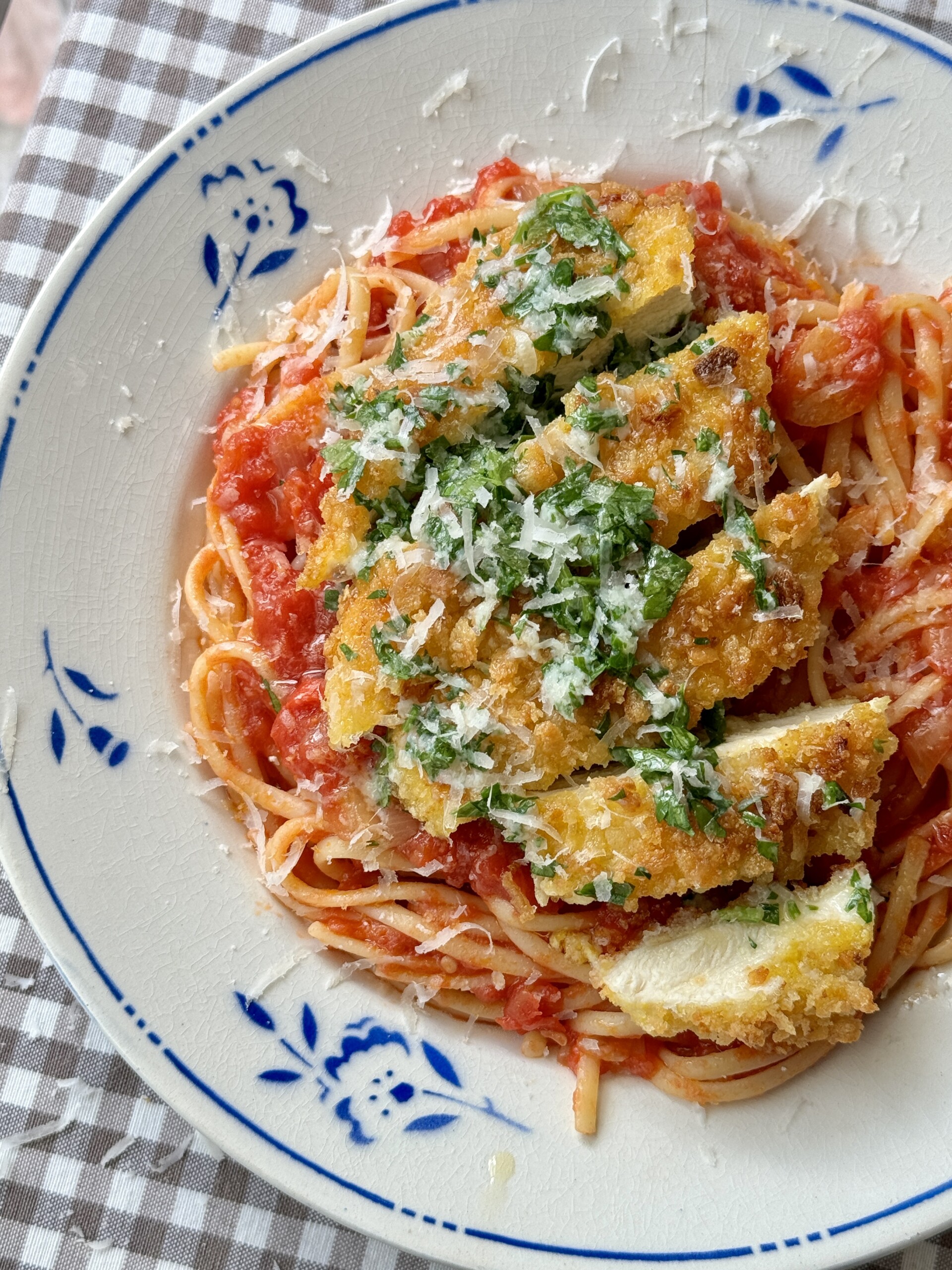 crispy parmesan chicken with tomato pasta