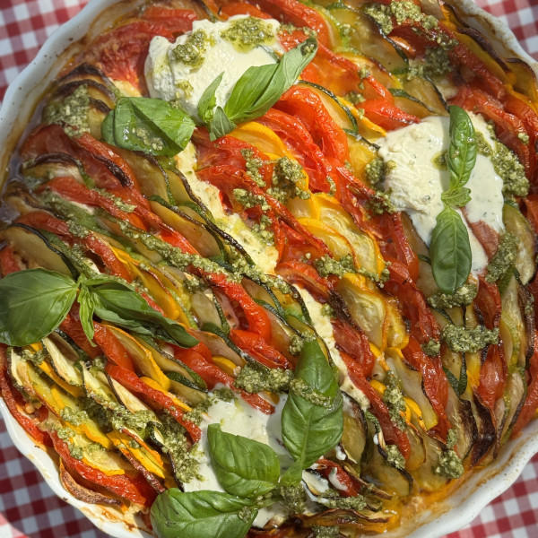 courgette gratin with tomato and basil.