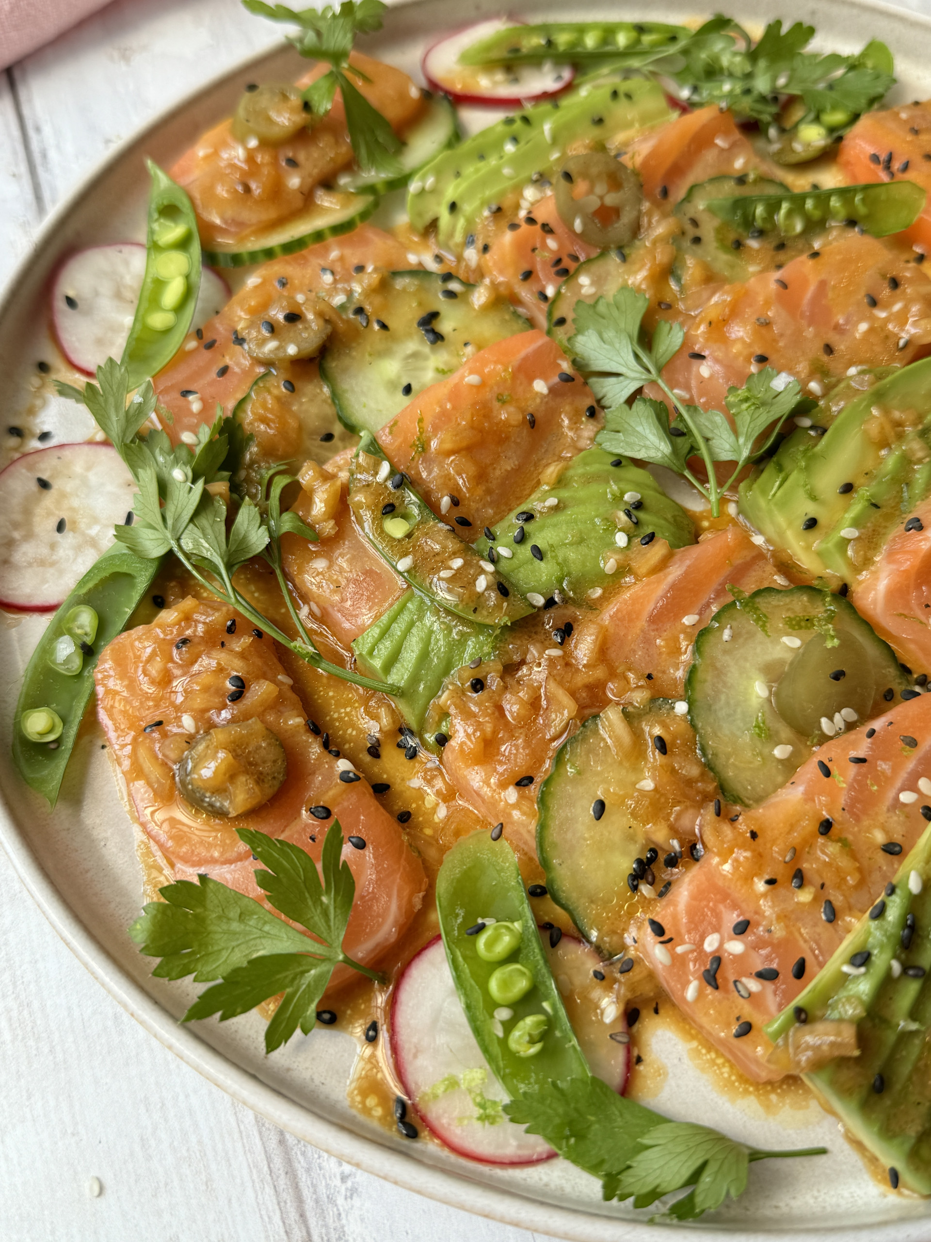 salmon crudo with easy miso citrus dressing