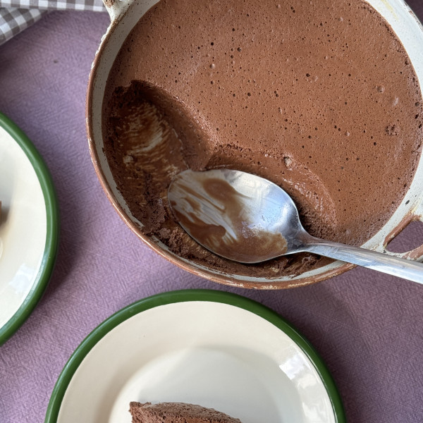 chocolate mousse with a spoon.