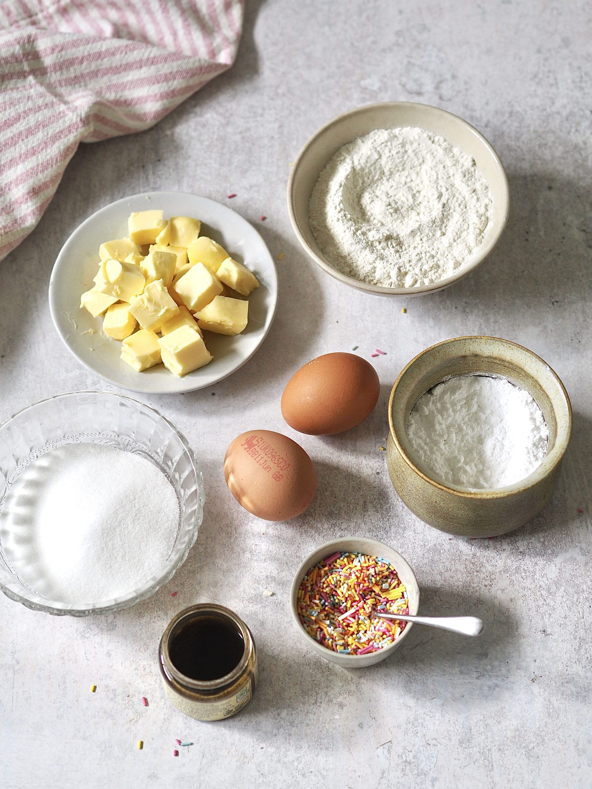 School sponge ingredients measured into bowls.