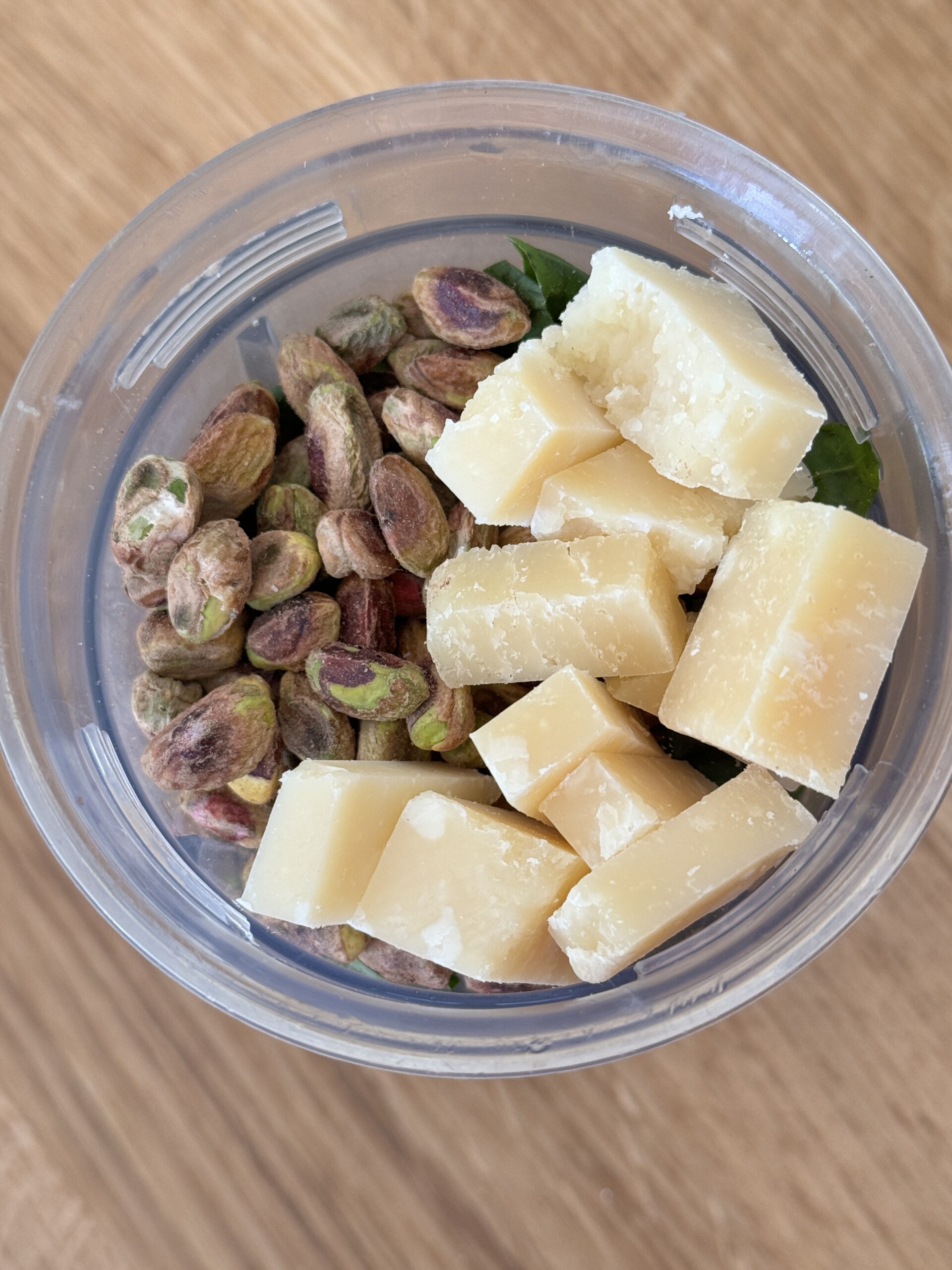 ingredients for pistachio pesto in blender