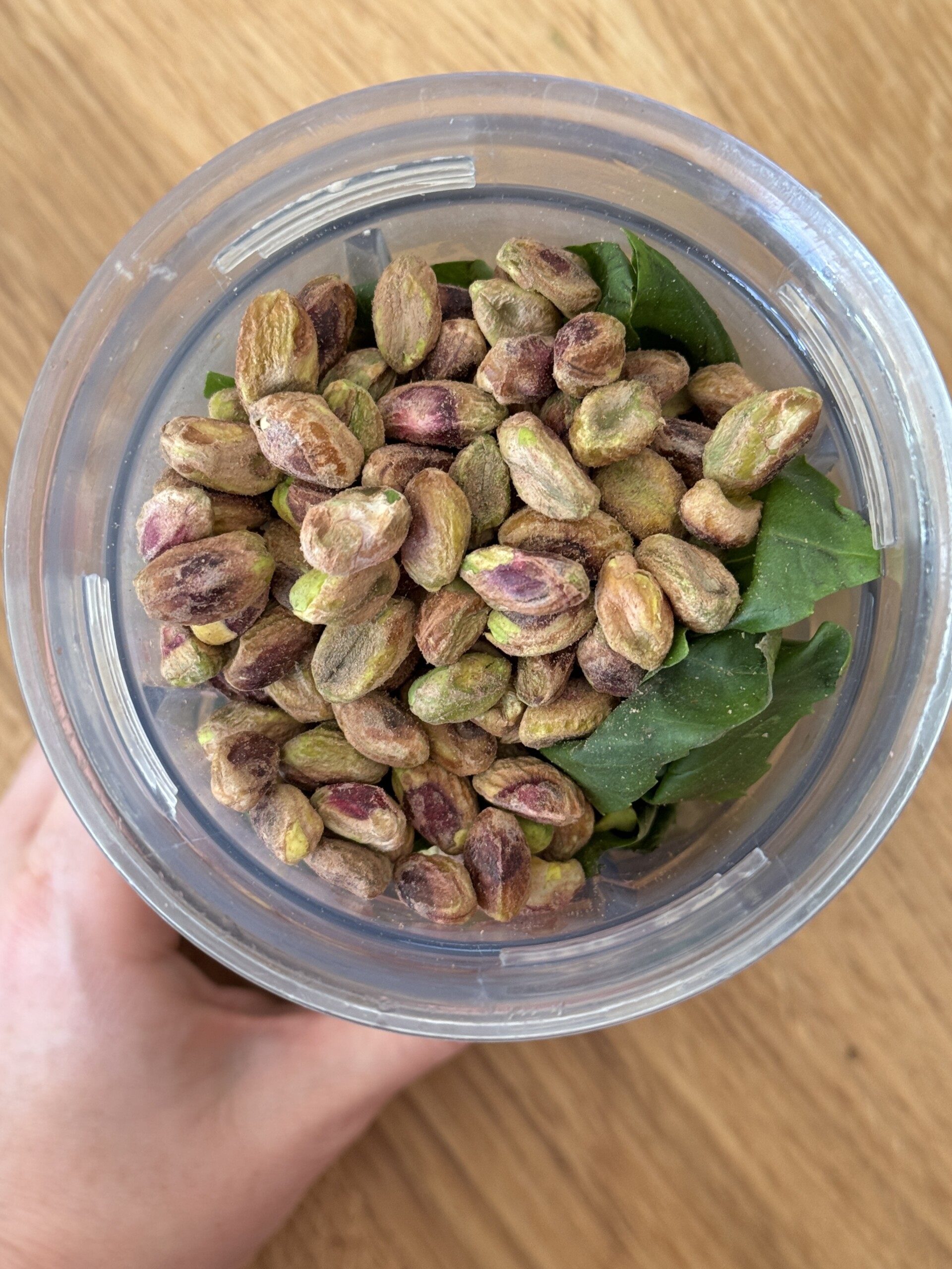 ingredients for pistachio pesto in blender