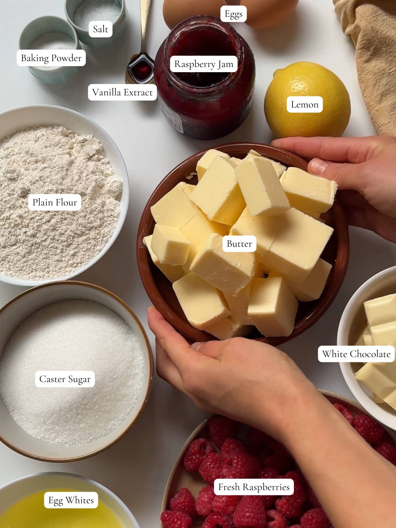 labelled ingredients for white chocolate raspberry cake.