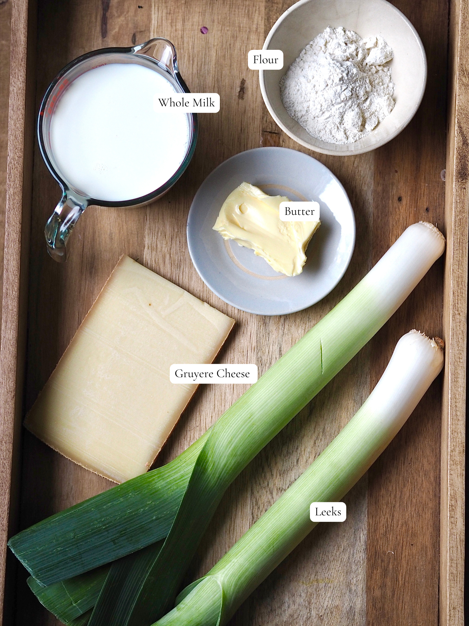 Labelled ingredients for Cheesy baked Leeks.