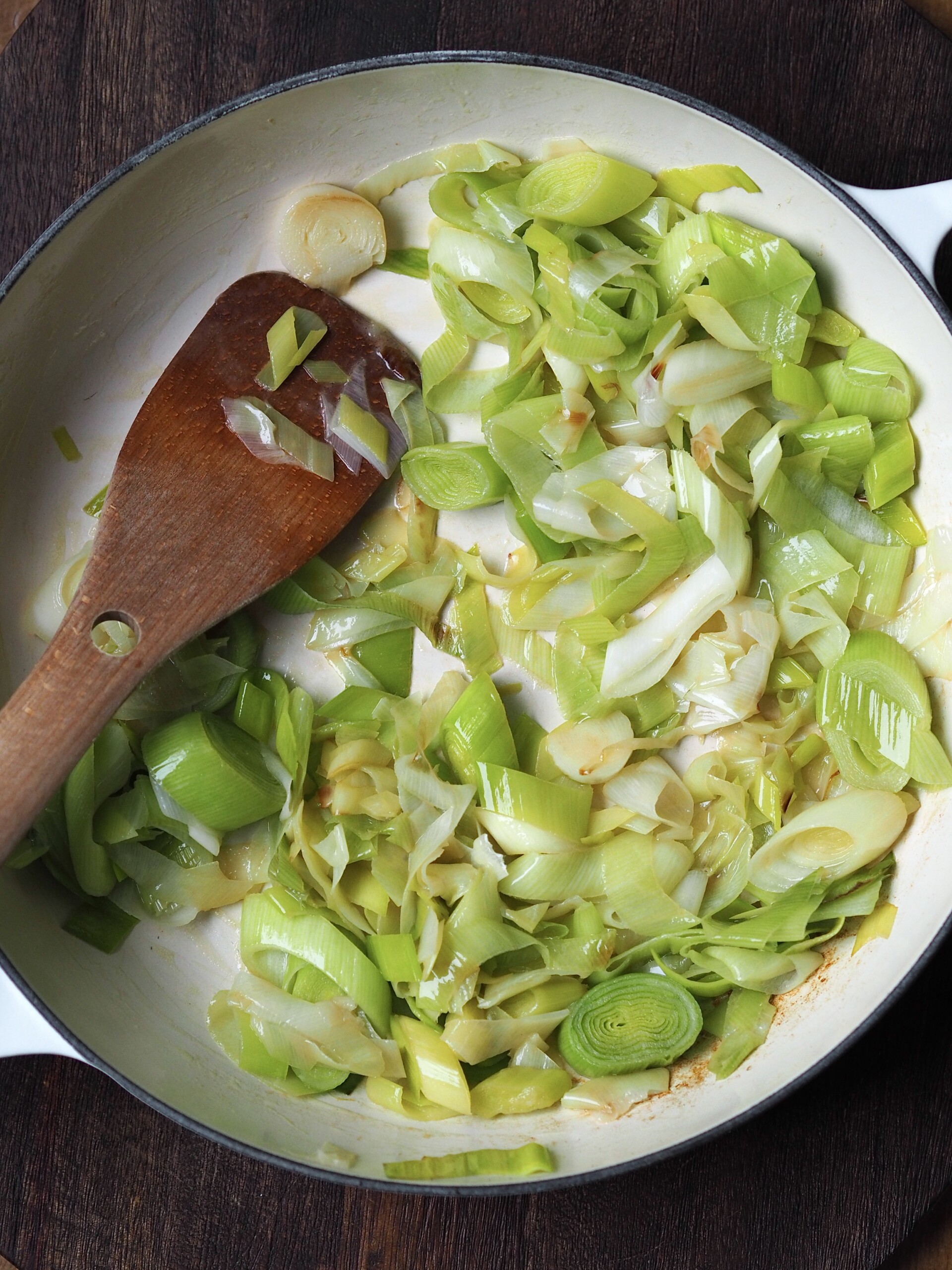 Leeks softened in butter in a shallow casserole.