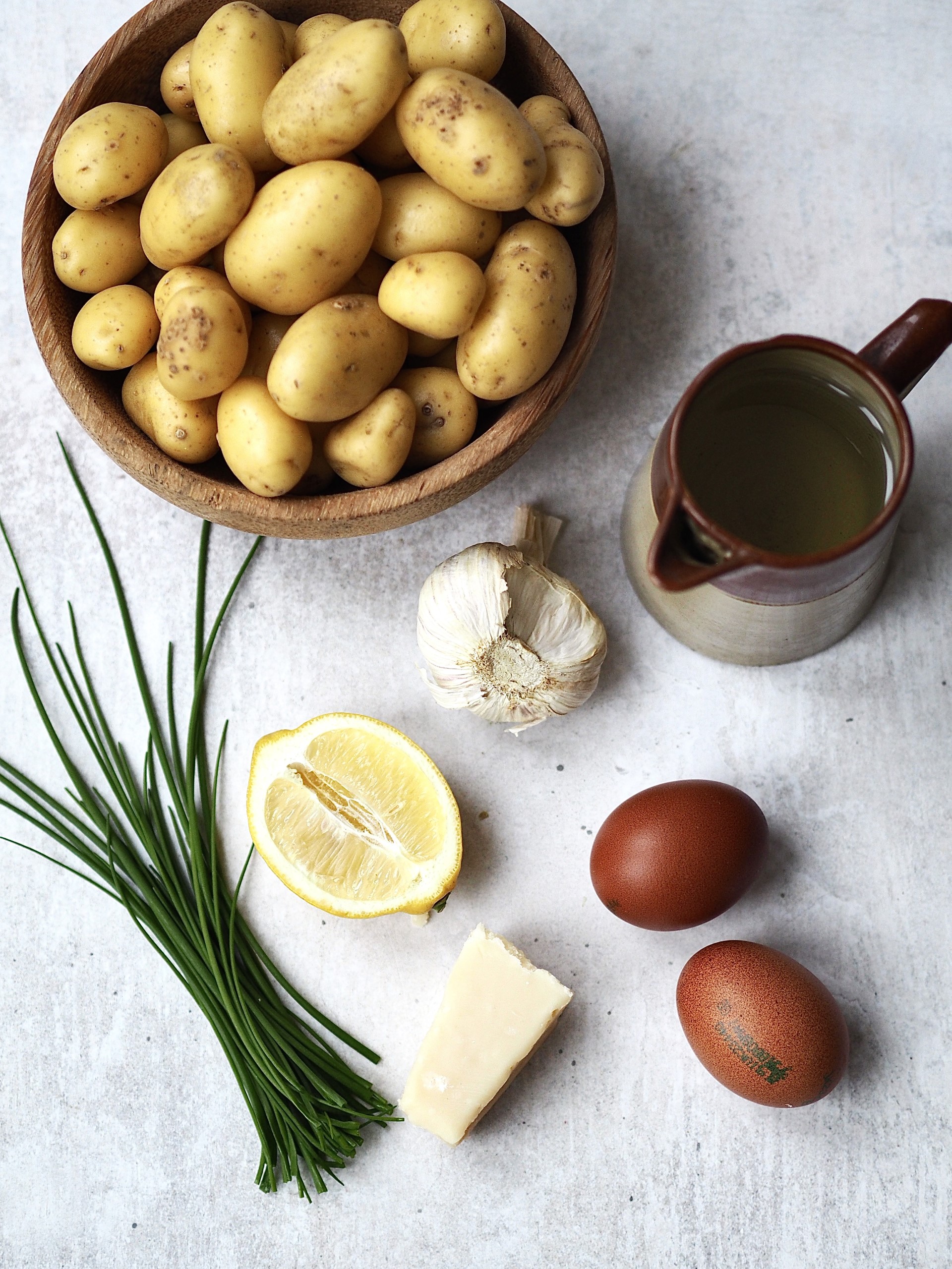 Ingredients for Cheesy Smashed Potatoes with Parmesan, Garlic with Homemade Aioli