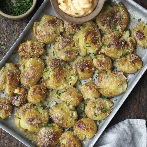 Cheesy Smashed Potatoes with Parmesan, Garlic with Homemade Aioli