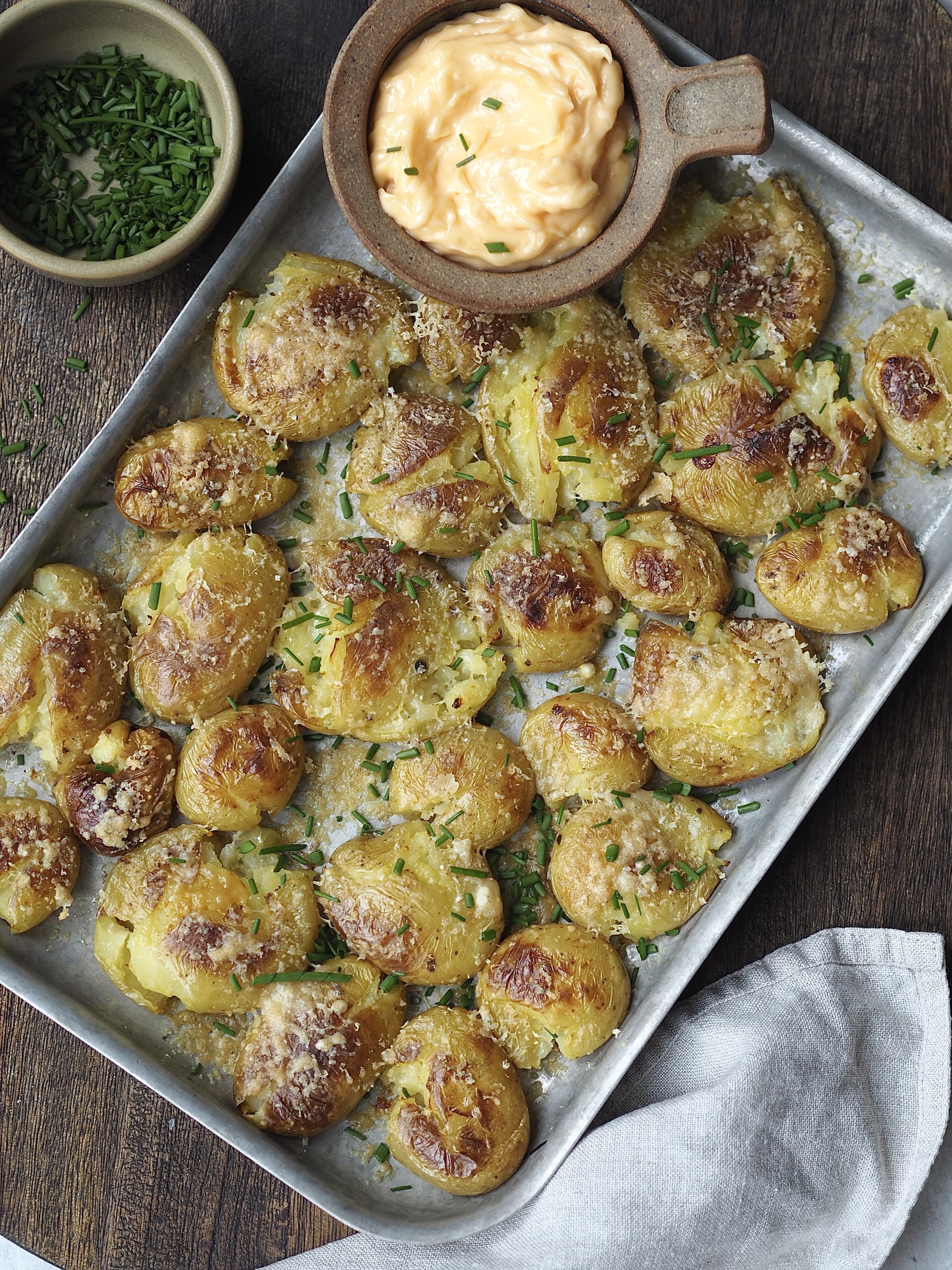 Cheesy Smashed Potatoes with Parmesan, Garlic with Homemade Aioli