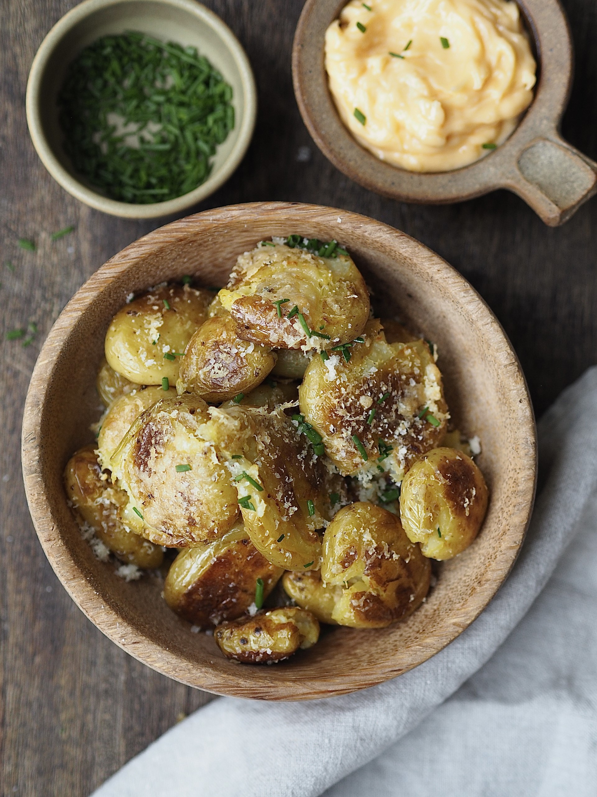 Cheesy Smashed Potatoes with Parmesan, Garlic with Homemade Aioli