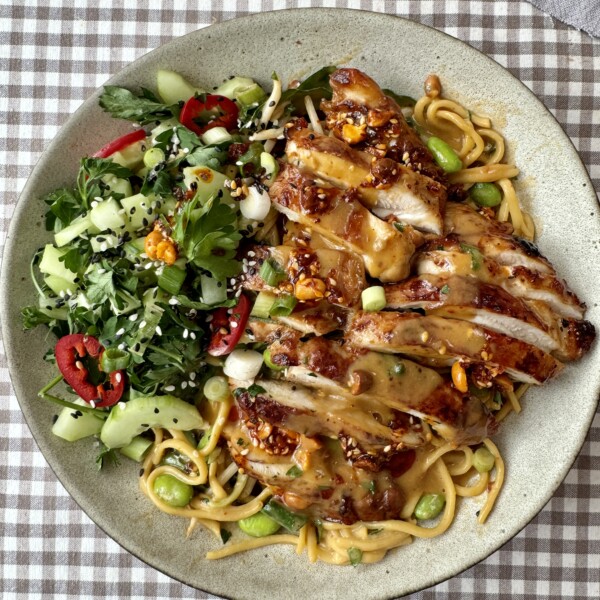 chicken noodle bowl with gingham tablecloth