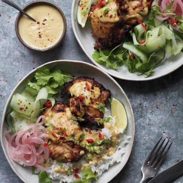 Serving Chicken Satay Rice Bowls