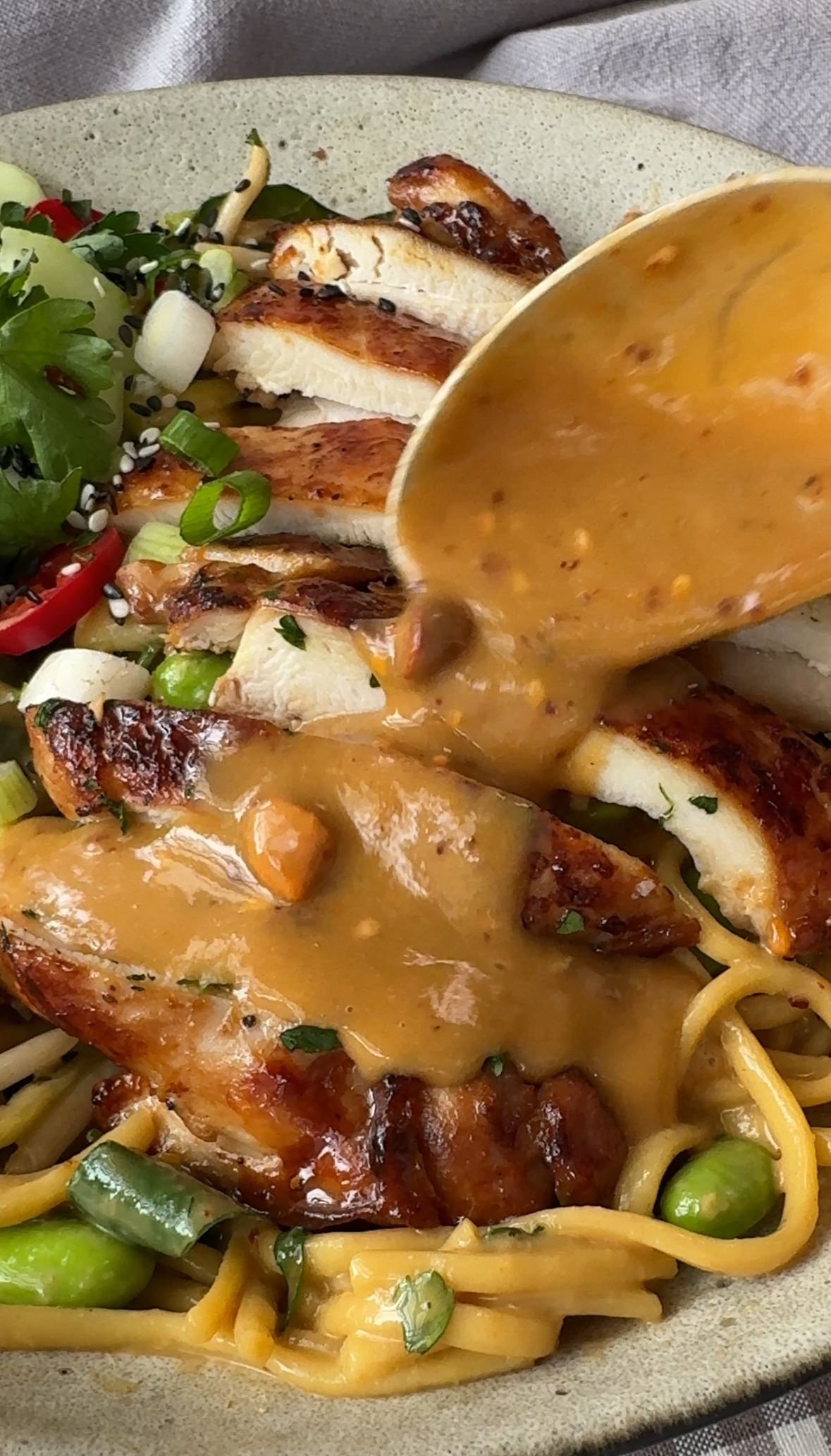 chicken noodle bowl sauce drizzled