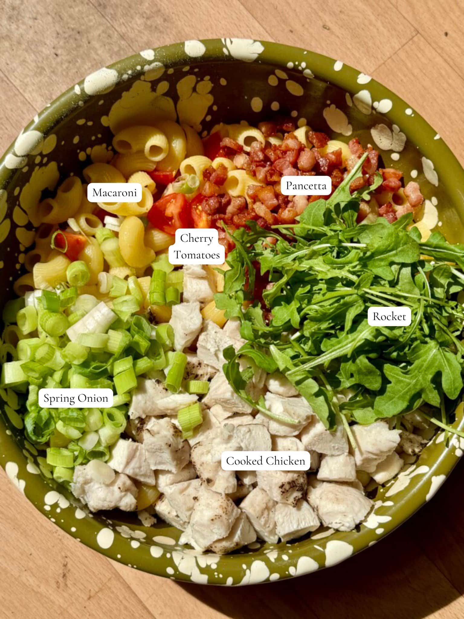 chicken macaroni pasta salad labelled ingredients.